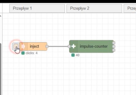 Connected inject and impulse-counter nodes in Node-RED Fragment of Node-RED interface with two connected blocks: inject and impulse-counter.