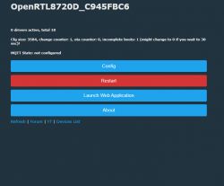 OpenRTL8720D user interface with configuration and restart options.