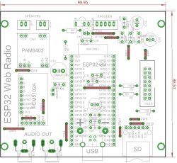 ESP32 Web Radio PCB layout with labeled components and jumpers