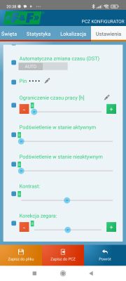 Interfejs ustawień aplikacji PCZ Konfigurator z suwakami i opcjami konfiguracji