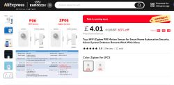 Screenshot of an AliExpress product page featuring the Tuya PIR motion sensor.