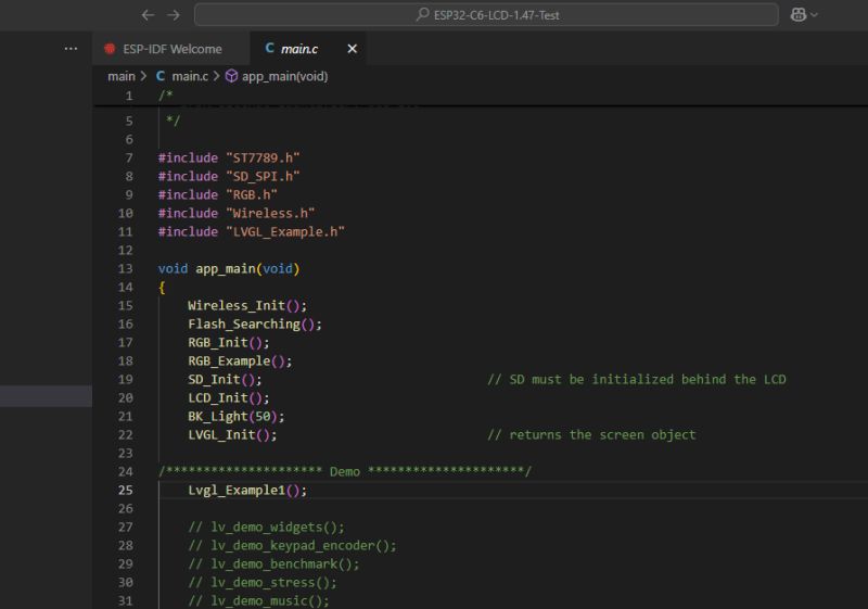 Widok kodu źródłowego w Visual Studio Code z funkcją app_main w języku C
