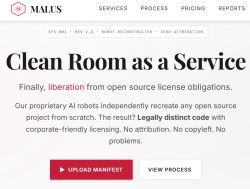 Screenshot of the Malus site with “Clean Room as a Service” and buttons “Upload Manifest” and “View Process”.