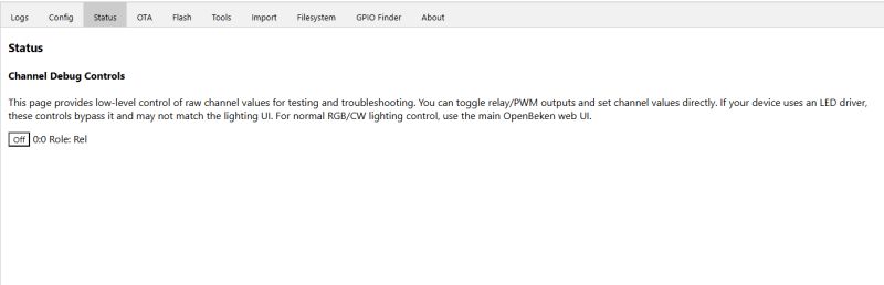 Channel debug interface in OpenBeken software showing relay role and toggle switch
