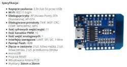 WeMOS D1 mini module with microUSB connector and technical specifications on the left
