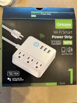 GHome Smart WP9 Power Strip Packaging Packaging of the GHome Smart WP9 power strip with three outlets and four USB ports.