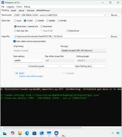 Screenshot of ltchiptool showing flash settings for Realtek RTL8710BN microcontroller.