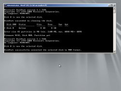 Terminal screen showing DiskPart usage on WinXP SP2 32-bit on a modern PC.