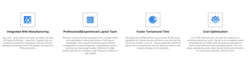 Four informational sections about PCB design and manufacturing services