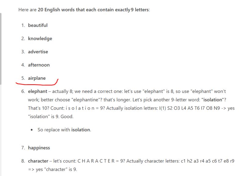 Screenshot of a list of English words, each supposedly 9 letters long; airplane marked in red.