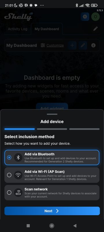 Add Device screen in Shelly app with Bluetooth, Wi-Fi (AP Scan), and network scan options