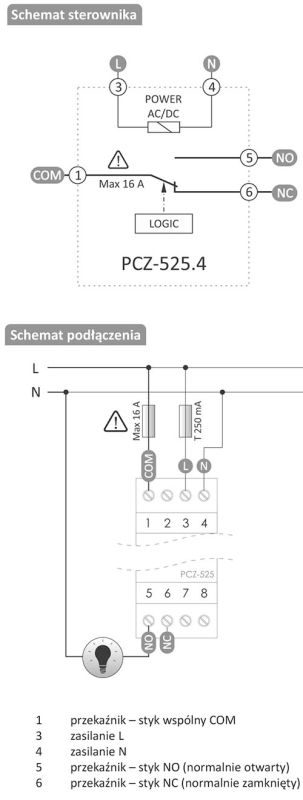 Schemat sterowania i podłączenia zegara programowalnego PCZ-525.4