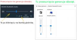 Konsola głośności Windows 10 z problemem braku dźwięku przy zmianie poziomu głośności.