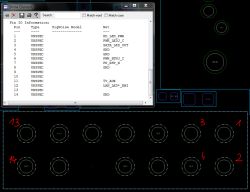Zrzut ekranu pokazujący rozpiskę pinów z programu do projektowania PCB oraz fragment schematu z numeracją pinów.