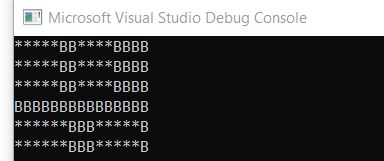 Four rectangles made of asterisks over a background of 'B' letters in debug console