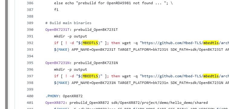 Makefile snippet with build commands and MBEDTLS directory check using wget