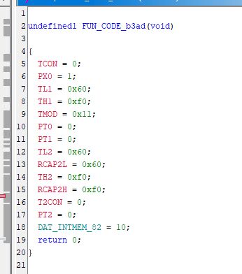 Screenshot from a decompiler showing a function configuring 8051 microcontroller registers