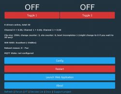 User interface with two red buttons labeled Toggle 1 and Toggle 2 and technical information.