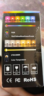 Back of RGBCW LED bulb package with RGB color bar and 2700–6500 K color temperature scale