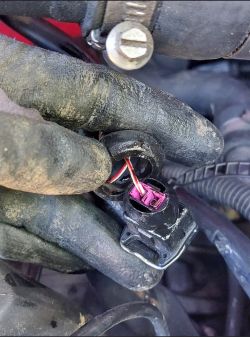 Wtyczka elektryczna w samochodowym silniku z widocznymi kablami i uszkodzoną izolacją.