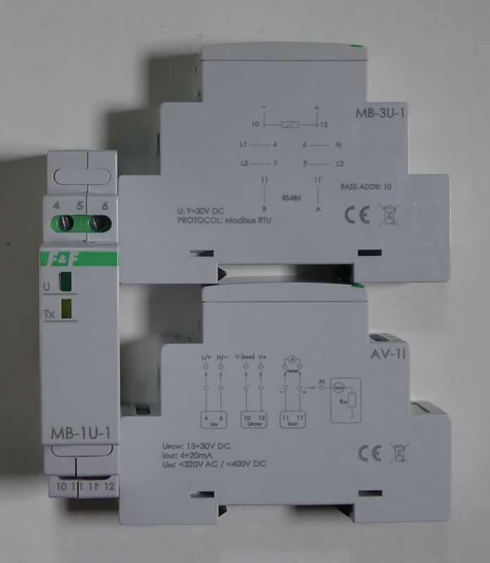 Widok trzech modułowych urządzeń elektrycznych z oznaczeniami MB-3U-1, MB-1U-1 i AV-1I zamontowanych na szynę DIN.