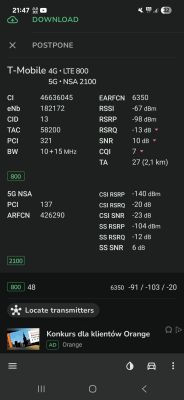 Ekran aplikacji NetMonster na telefonie z informacjami o sygnale sieci T-Mobile LTE 800 i 5G NSA 2100.