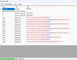 Sniff UART software window displaying error messages about frames and message decoding on COM4 and COM7 ports.