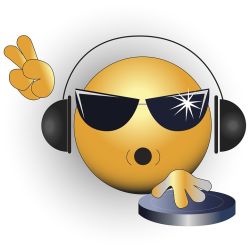 Emoji with sunglasses, headphones, and hand on DJ console