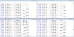 Screenshot of hex editor with four BIN files opened showing binary and decoded text