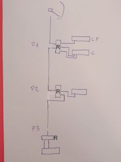 Ręczny schemat okablowania TV-SAT z pokojami P1–P3, rozgałęźnikami R i dekoderami CP oraz C.