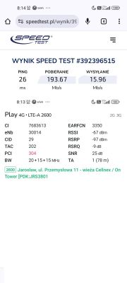 Wynik testu prędkości internetu na telefonie, pokazujący pobieranie 193,67 Mb/s i wysyłanie 15,96 Mb/s.