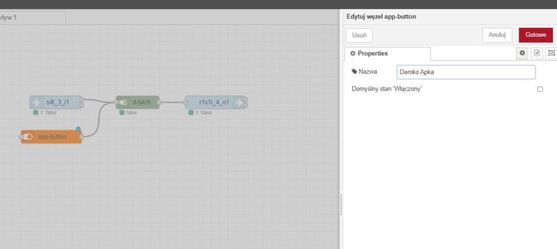 Node-RED flow editor with app-button node editing Screenshot of the Node-RED flow editor showing connected blocks and the app-button node properties panel on the right.