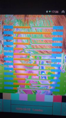 Glitched screen with colorful distortions and vertical bars.