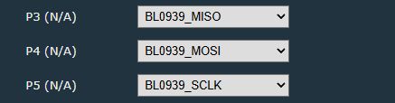 Screenshot with three dropdowns: BL0939_MISO, BL0939_MOSI, and BL0939_SCLK