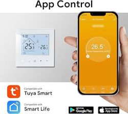 Wall thermostat and smartphone app showing 26.5°C temperature
