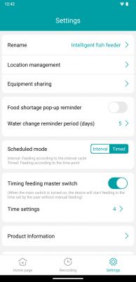 Smart fish feeder app settings interface