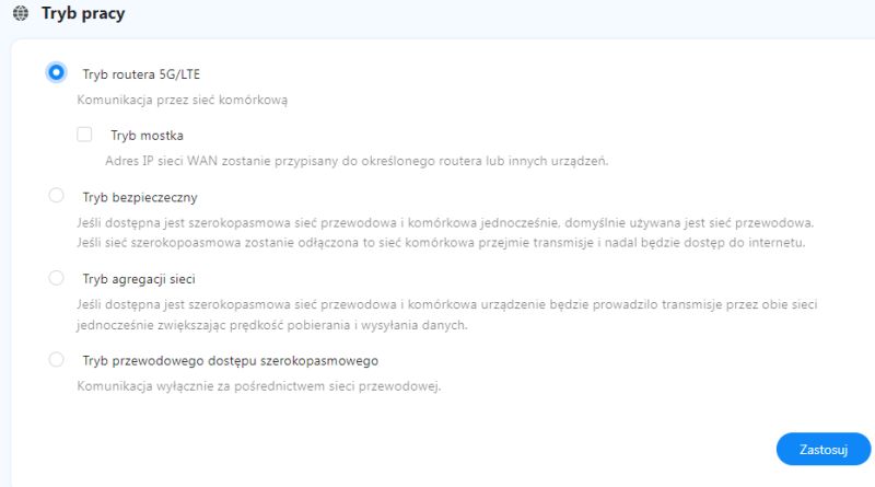 Zrzut ekranu z ustawieniami trybu pracy routera ZTE G5 Ultra MC8512