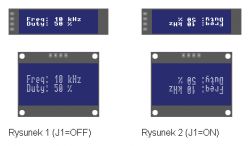 Two OLED screens displaying PWM parameters: one normally, the other rotated 180 degrees.
