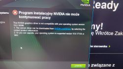 Komunikat błędu instalacji sterownika NVIDIA na ekranie komputera.