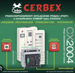 Grafika przedstawiająca przeciwpożarowy wyłącznik prądu Cerbex CX2004 z certyfikatem CNBOP.