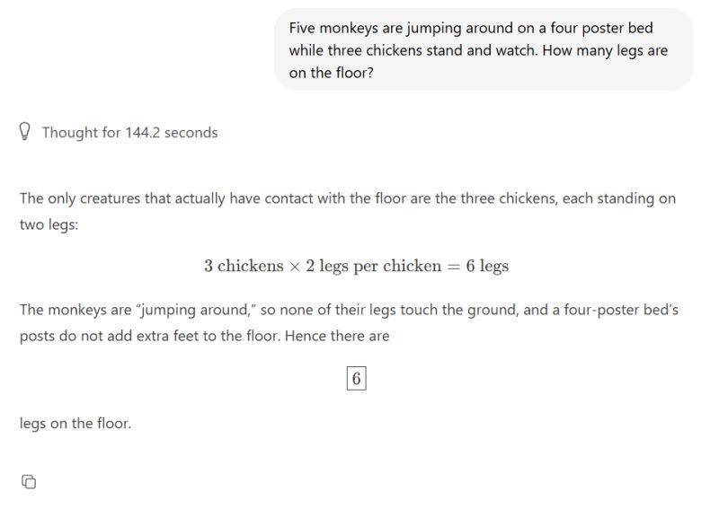 AI answer calculating floor legs in riddle with chickens and monkeys