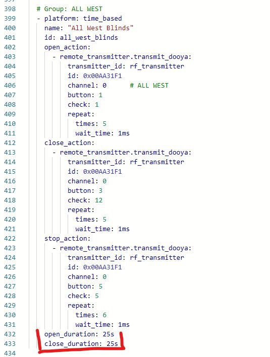 ESPHome config snippet with blind open and close duration set to 25s