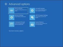 Ekran Advanced options systemu Windows z sześcioma ikonami opcji naprawczych