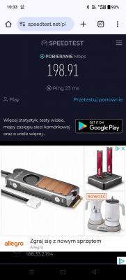 Zrzut ekranu z wynikami testu szybkości internetu z pobieraniem 198,91 Mbps i pingiem 23 ms, z reklamą sprzętu elektronicznego.