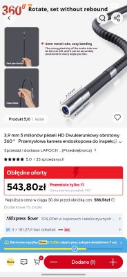 Przemysłowa kamera endoskopowa z giętką rurką i głowicą 6 mm