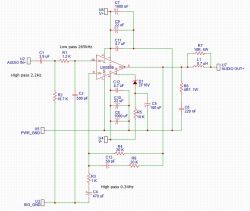 Schemat wzmacniacza audio oparty o układ LM3886 z elementami filtrującymi i zabezpieczającymi