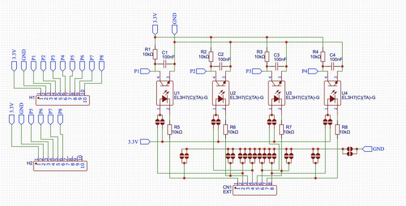 Diagram of Kikimo INLV1 board with optocouplers and resistors.