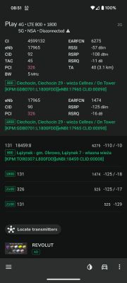 Zrzut ekranu aplikacji pokazującej parametry sygnału sieci komórkowej Play na LTE oraz wyniki pomiarów.