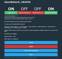 OpenBekenX application interface with control buttons and temperature information.