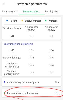 Ekran ustawień parametru ładowania akumulatora żelowego z zaznaczoną wartością 13,0 A
